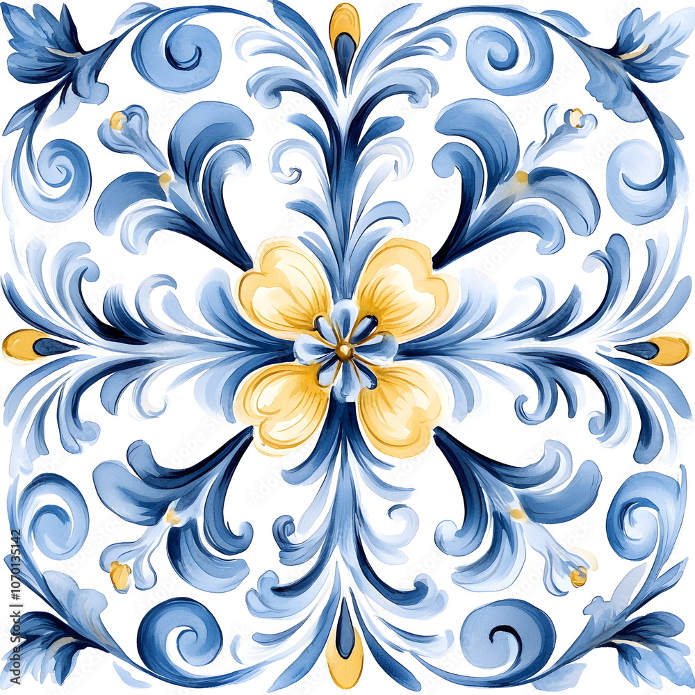 Italian floral pattern on white background with blue and yellow stylized plants, repeating folk motif in Mediterranean style, ceramic tile Italian floral pattern on white background with blue and yellow stylized plants, repeating folk motif in Mediterranean style, ceramic tile