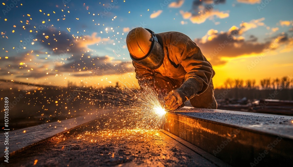 A welder works on a metal beam at sunset, sparks fly in the air.