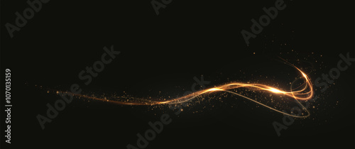 Gold curved light line, rope, tape. Smooth festive gold line png with light effects. Light golden Twirl png. Garland light gold.