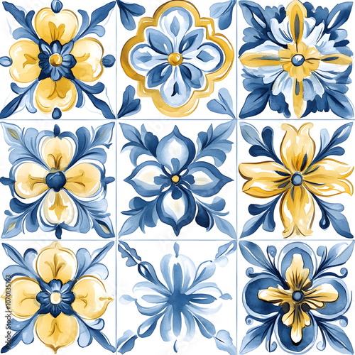 Italian floral pattern on white background with blue and yellow stylized plants, repeating folk motif in Mediterranean style, ceramic tile