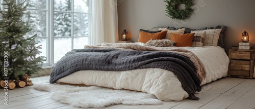 Modern Christmas Bedroom, Cozzy Beds, Winter Decor photo