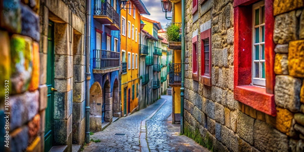 Fototapeta premium Captivating Tilt-Shift Photography of an Old Narrow Alley Street Wall in Porto, Showcasing Vibrant Textures and Colors in a Quaint Urban Landscape