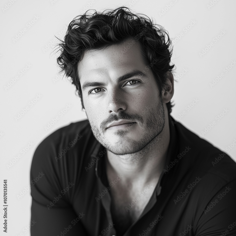 Fototapeta premium Black-and-white portrait of confident man with wavy hair