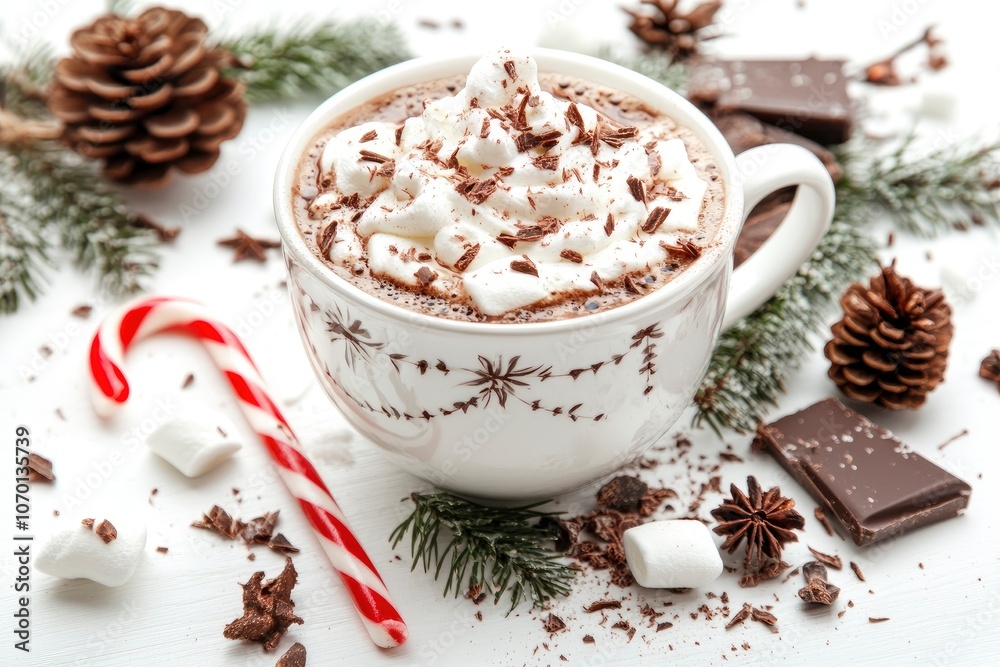 A mug of hot chocolate with whipped cream and chocolate shavings, surrounded by pine branches, candy canes, marshmallows, and chocolate bars. A mug of hot chocolate with whipped cream and chocolate shavings, surrounded by pine branches, candy canes, marshmallows, and chocolate bars.
