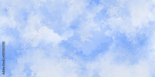 Blue sky with white clouds Abstract nature background of romantic summer. Sunny sky blue light watercolor aquarelle painting brush effect. Fantastic fuzzy and puffy blue sky for design.	
