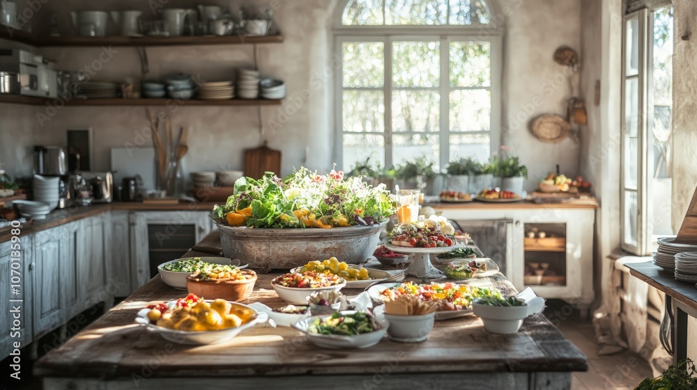 Rustic dining room with farmhouse buffet, showcasing vibrant salads and desserts, warm ambiance enhanced by soft natural light streaming through windows