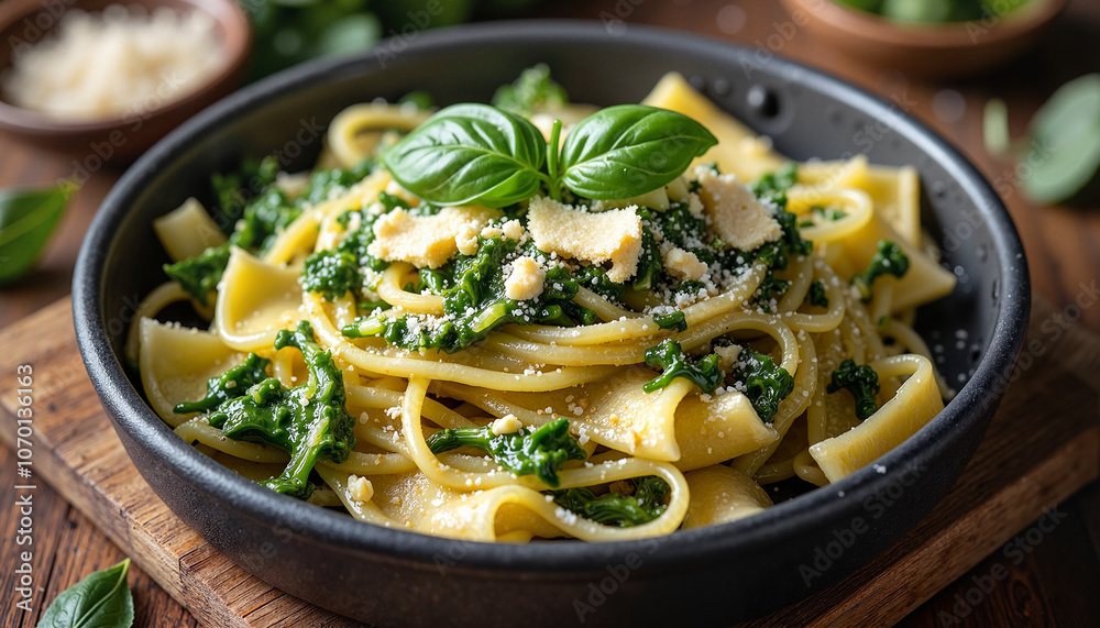 Pasta with spinach and parmesan in black bowl Pasta with spinach and parmesan in black bowl