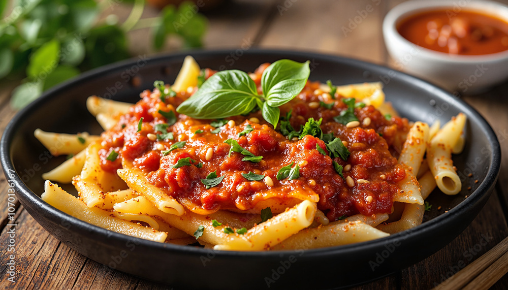Penne pasta with tomato sauce and fresh herbs Penne pasta with tomato sauce and fresh herbs