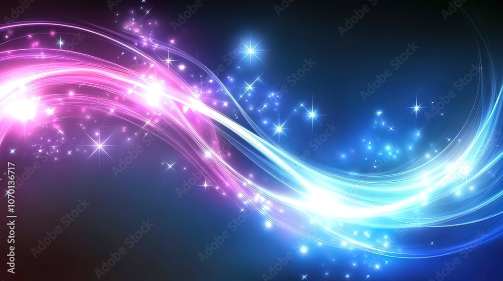 Abstract glowing blue and pink waves with sparkling stars on a dark background. Abstract glowing blue and pink waves with sparkling stars on a dark background.