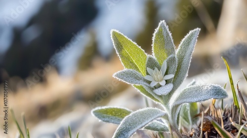 A close-up of a small white flower with fuzzy green leaves in a meadow.