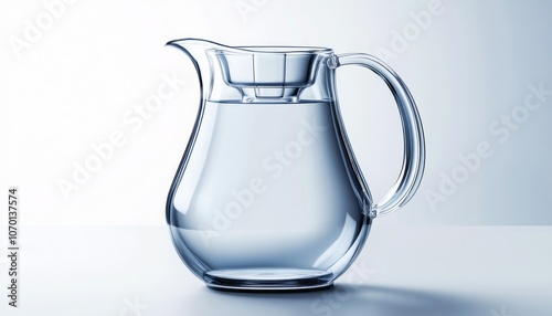Clear glass pitcher filled with water on a simple, light-colored surface