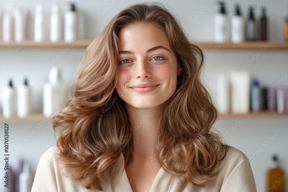 A young woman with beautiful long hair smiles warmly in a salon filled with haircare products