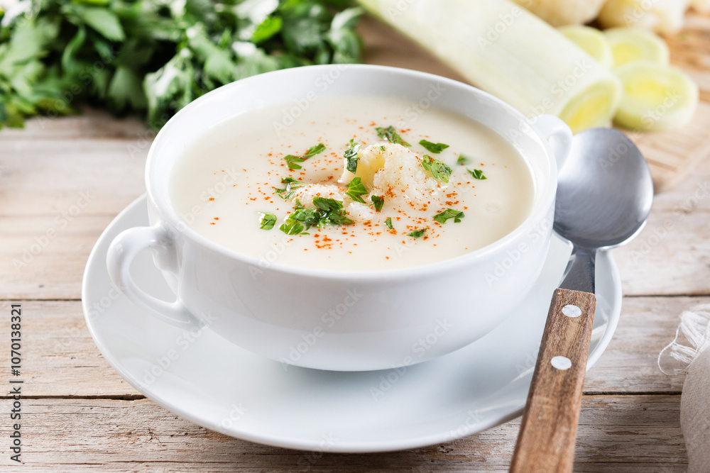 Cauliflower soup in bowl on wooden table Cauliflower soup in bowl on wooden table