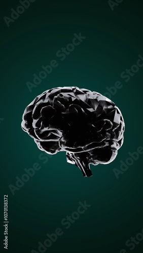 Digital brain with geometric facets on green background, representing artificial intelligence, neural networks, and futuristic cognition in 3D abstract visualization
