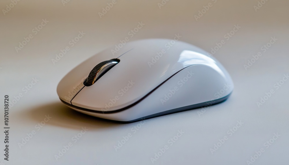 A sleek white wireless computer mouse on a plain background in a modern workspace A sleek white wireless computer mouse on a plain background in a modern workspace