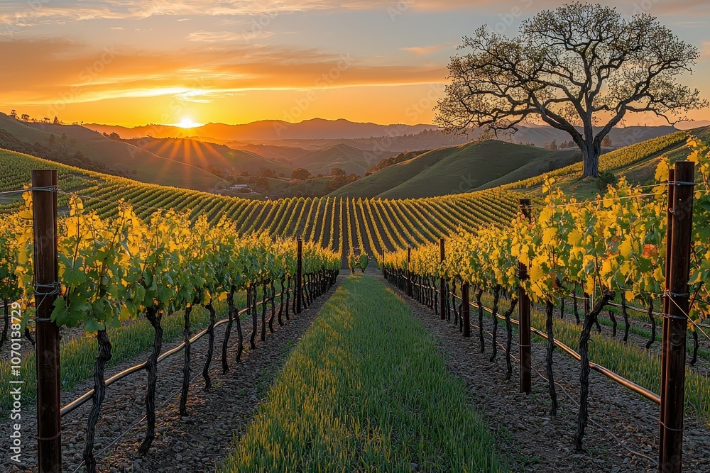 Naklejka premium Golden sunset over serene vineyard landscape with rolling hills