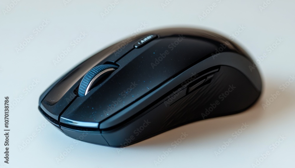Black wireless computer mouse resting on a smooth surface in a well-lit setting Black wireless computer mouse resting on a smooth surface in a well-lit setting