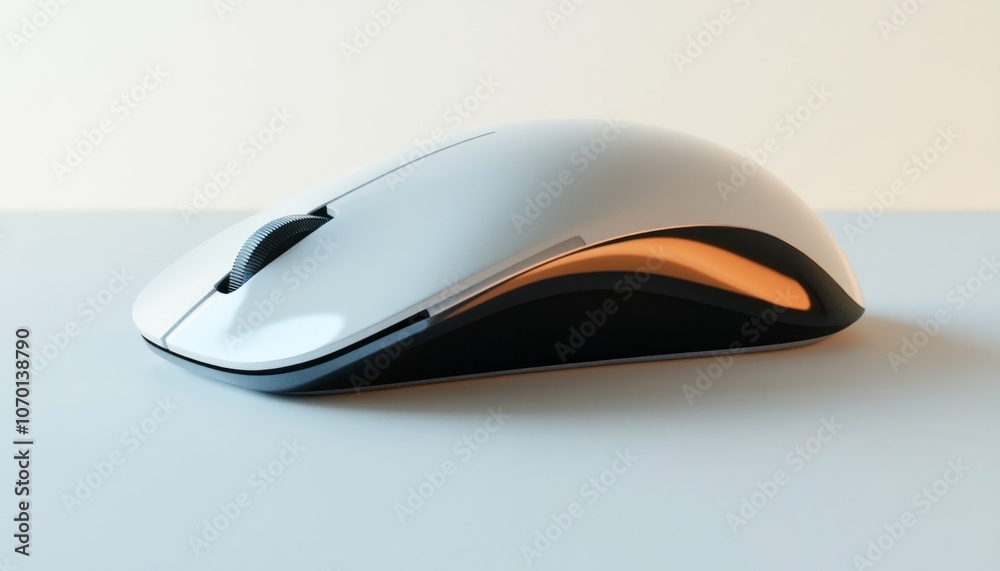 A sleek white computer mouse resting on a minimalist desk with a soft background A sleek white computer mouse resting on a minimalist desk with a soft background