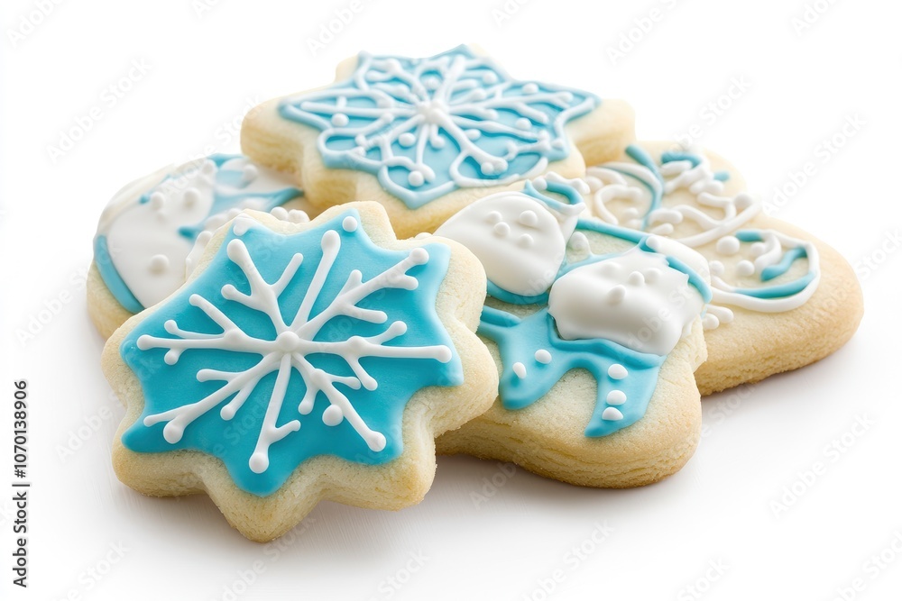 A close-up of blue and white frosted Christmas cookies, isolated on a white background. A close-up of blue and white frosted Christmas cookies, isolated on a white background.
