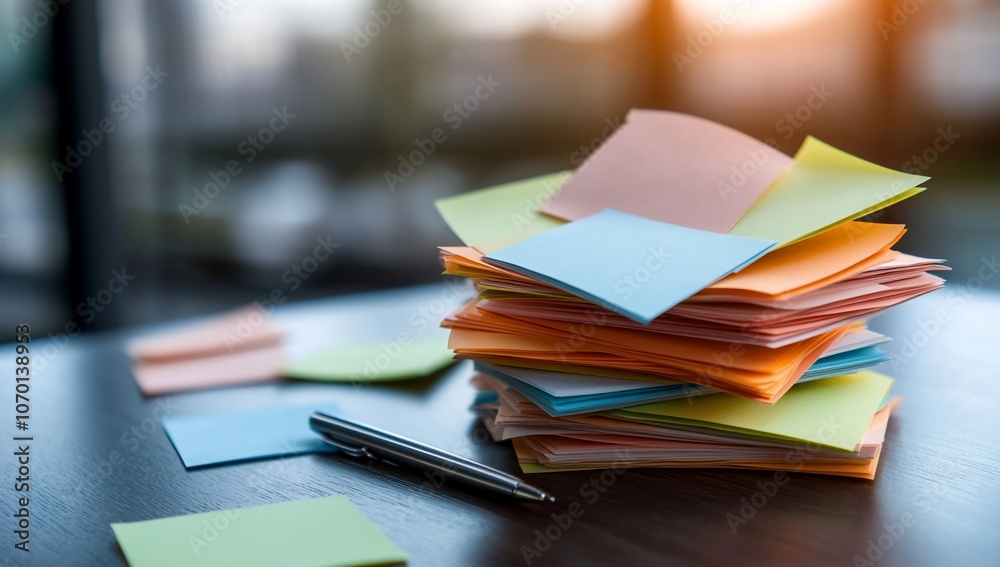 A stack of colorful sticky notes with a pen on a desk. A stack of colorful sticky notes with a pen on a desk.