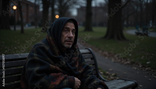 Pensive man sitting on park bench at dusk. Homeless. The man is freezing. Depressed man crying .Depressed drinker 