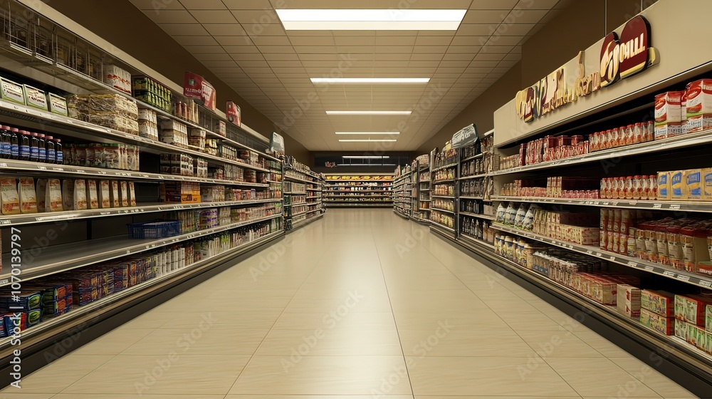 An empty aisle in a supermarket with well-stocked shelves on either side. An empty aisle in a supermarket with well-stocked shelves on either side.
