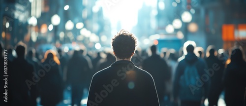 An outoffocus crowd walking in various directions, captured from behind, with people s backs facing the viewer, creating a dynamic and bustling scene photo