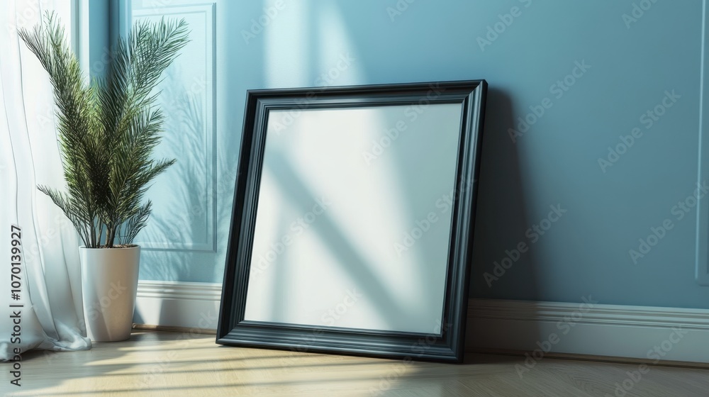 Empty wooden frame leaning against teal wall Empty wooden frame leaning against teal wall