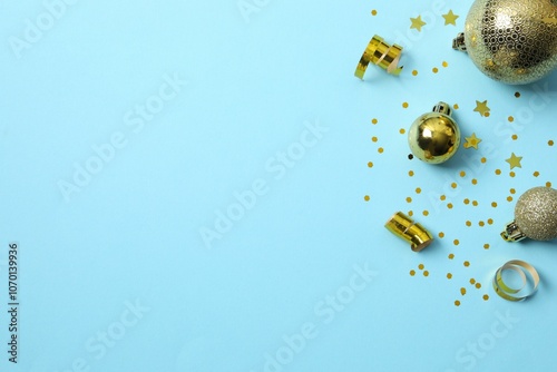 Festive Christmas background with beautiful balls a nd decor, copy space composition photo