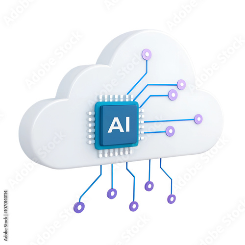 3D Artificial Intelligence Chip Illustration circuit isolated on transparent background, Technology Blue chip,processor chip 3d icon illustration render design,ai chip 3d,white cloud with an AI chip,