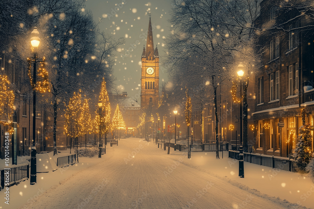 Obraz premium A magical winter evening in a historic town center, with a majestic clock tower illuminated against the snowy sky. Christmas lights adorn trees along the snow-covered street.