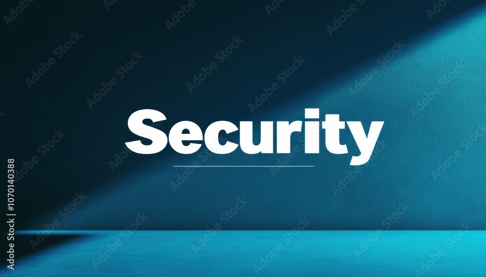 Bold white 'Security' text illuminated on a dark blue textured wall, symbolizing protection and safety in a minimalistic setting.