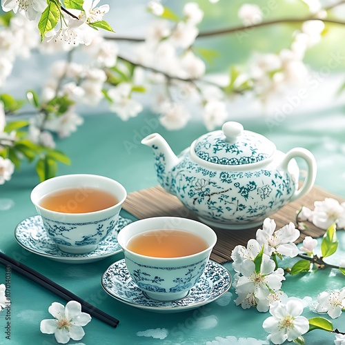 cup of tea and teapot with flowers