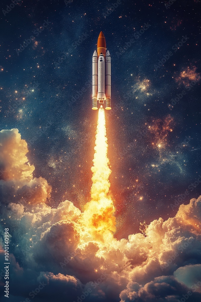 Rocket launching through glowing clouds in space Rocket launching through glowing clouds in space