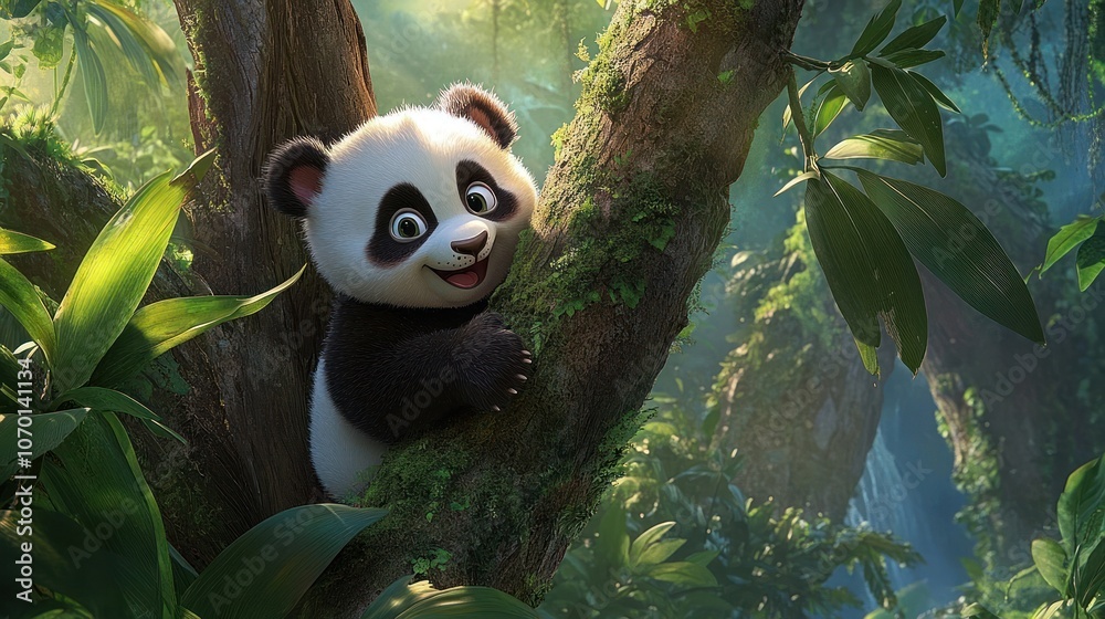 Obraz premium A Cartoon Panda Cub Peeking From Behind a Tree in a Lush Green Forest