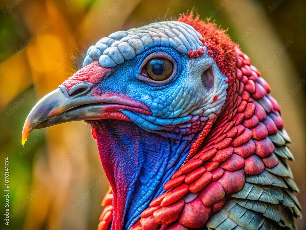 Close-Up of a Wild Turkey: Captivating Details of Its Vibrant Red and Blue Head, Alongside the Intricate Textures of Its Plumage, Perfect for Nature and Wildlife Enthusiasts Close-Up of a Wild Turkey: Captivating Details of Its Vibrant Red and Blue Head, Alongside the Intricate Textures of Its Plumage, Perfect for Nature and Wildlife Enthusiasts