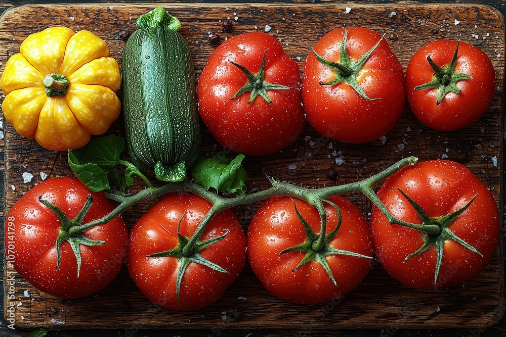 Fresh tomatoes and squash on rustic wooden board with sea salt crystals Fresh tomatoes and squash on rustic wooden board with sea salt crystals