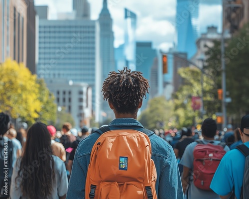 In the foreground, an outoffocus crowd of people walking in all directions, captured from behind with their backs to us, conveying a sense of movement and diversity photo