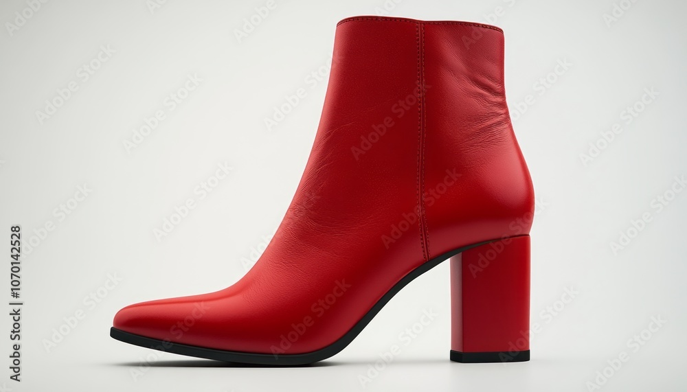 Stylish red leather ankle boot with a block heel displayed against a neutral background Stylish red leather ankle boot with a block heel displayed against a neutral background