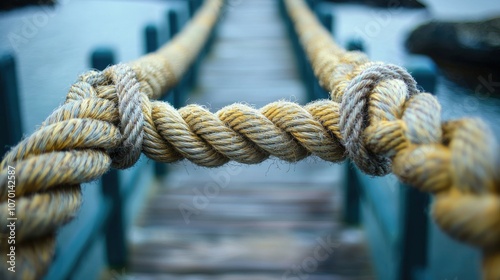 A close-up shot of a thick rope bridge, with a wooden walkway in the background. photo