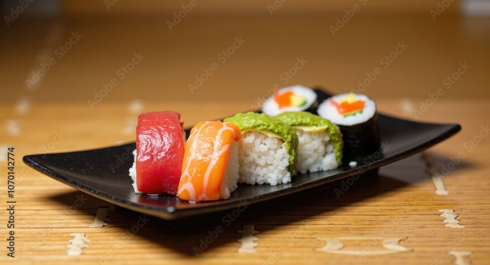 Delicious sushi platter on black plate Delicious sushi platter on black plate