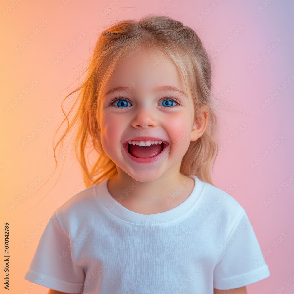 Gazing with calm blue eyes, a young girl with freckles is framed by a soft pink and blue neon fluorescent gradient, creating a gentle feel. Gazing with calm blue eyes, a young girl with freckles is framed by a soft pink and blue neon fluorescent gradient, creating a gentle feel.