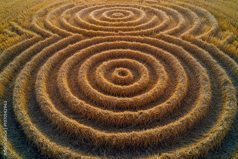 Aerial view of symmetrical crop circles in golden wheat field at sunset Aerial view of symmetrical crop circles in golden wheat field at sunset