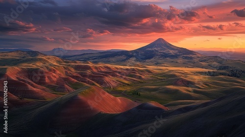 Sunset over rolling hills with a mountain peak in the distance