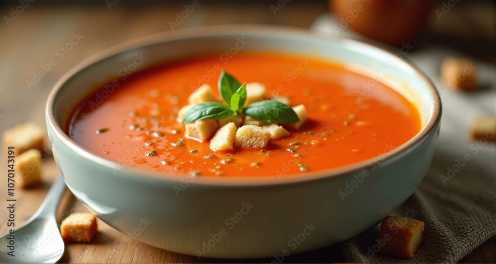 Delicious tomato soup with croutons and basil Delicious tomato soup with croutons and basil