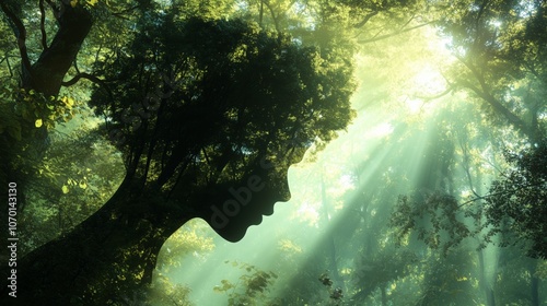 Woman face silhouette forest tall trees sunlight leaves natural harmony. AI generated photo