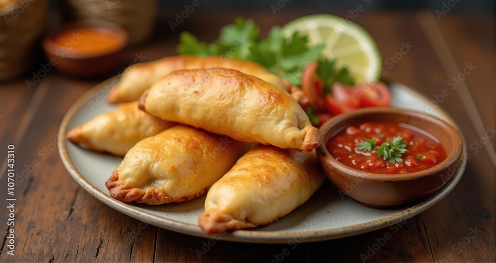 Delicious golden empanadas with salsa Delicious golden empanadas with salsa