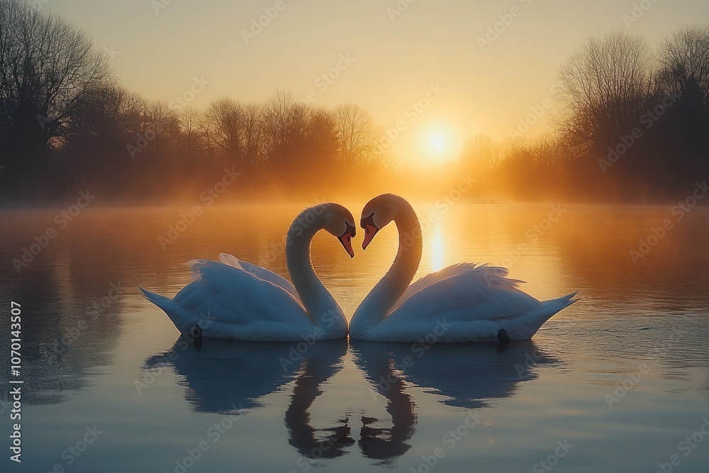 Fototapeta premium Two Swans Forming a Heart Shape in a Misty Sunrise