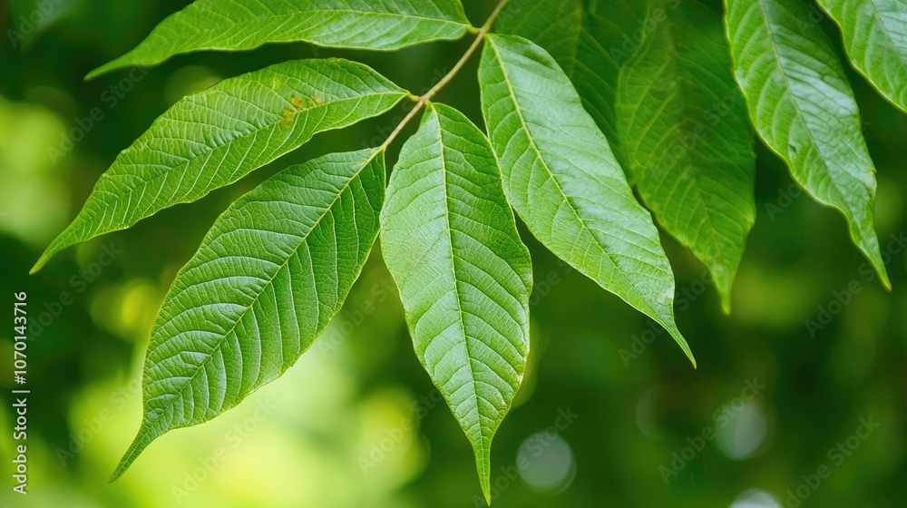 A close-up shot of green leaves on a branch with a blurred background. A close-up shot of green leaves on a branch with a blurred background.