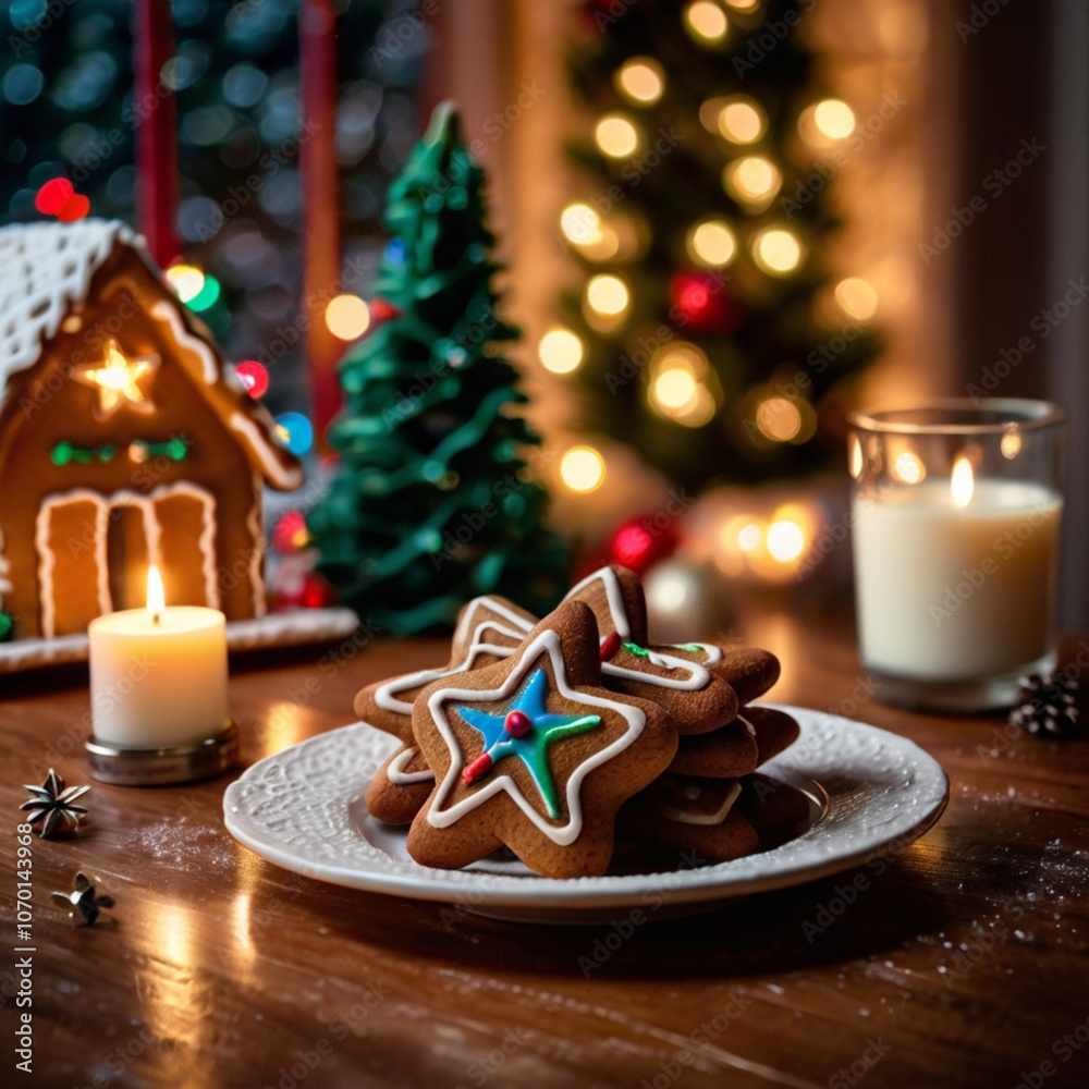 Christmas Table with Star-Shaped Holiday Cookies and Decorations Christmas Table with Star-Shaped Holiday Cookies and Decorations